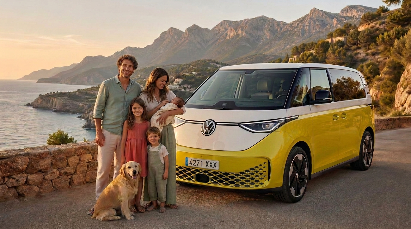 Volkswagen ID Buzz eléctrica de Miisla Vans aparcada frente a una cala de Mallorca al atardecer con una familia