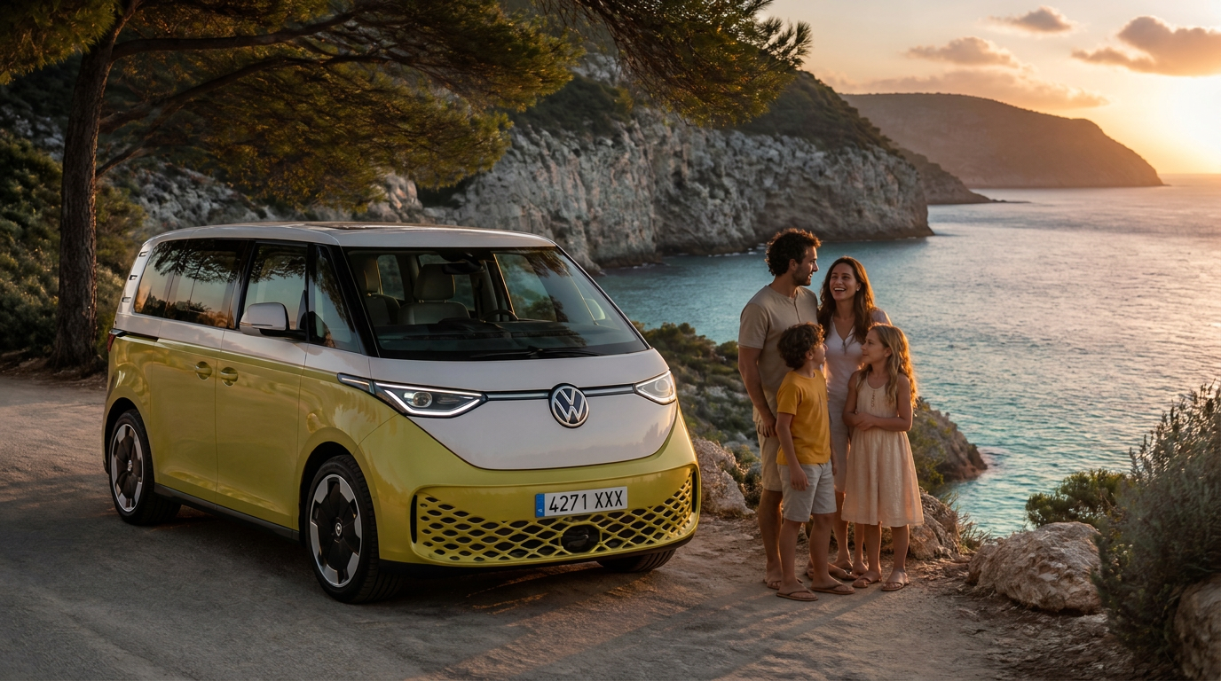 Volkswagen ID Buzz eléctrica de Miisla Vans aparcada frente a una cala de Mallorca al atardecer con una familia