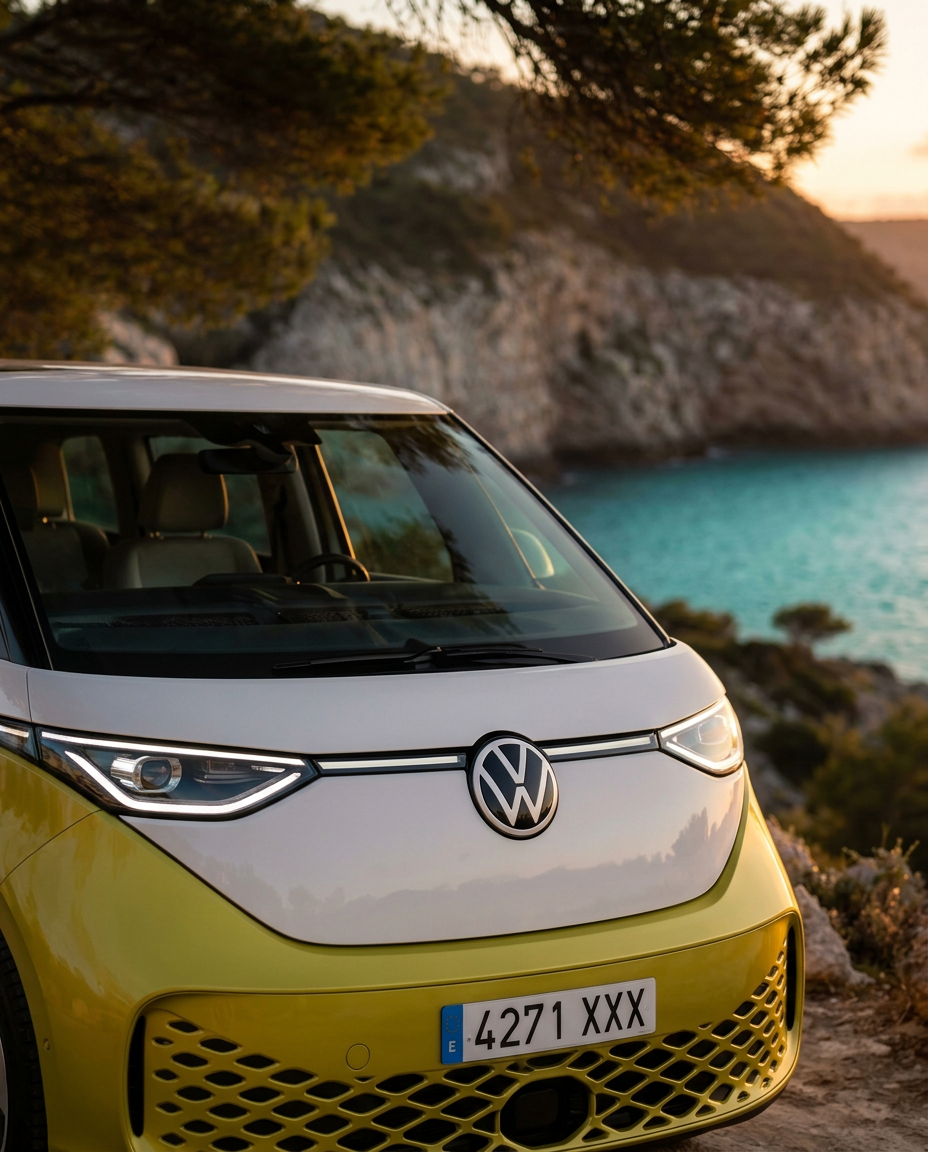 Detalle de los faros redondos LED y el emblema VW en el frontal de la Volkswagen ID Buzz