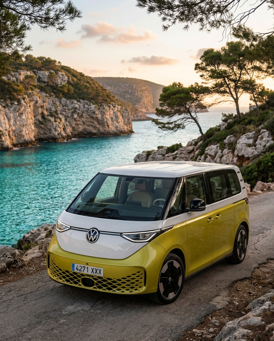 Volkswagen ID Buzz eléctrica aparcada en una cala de Mallorca al atardecer, vista frontal