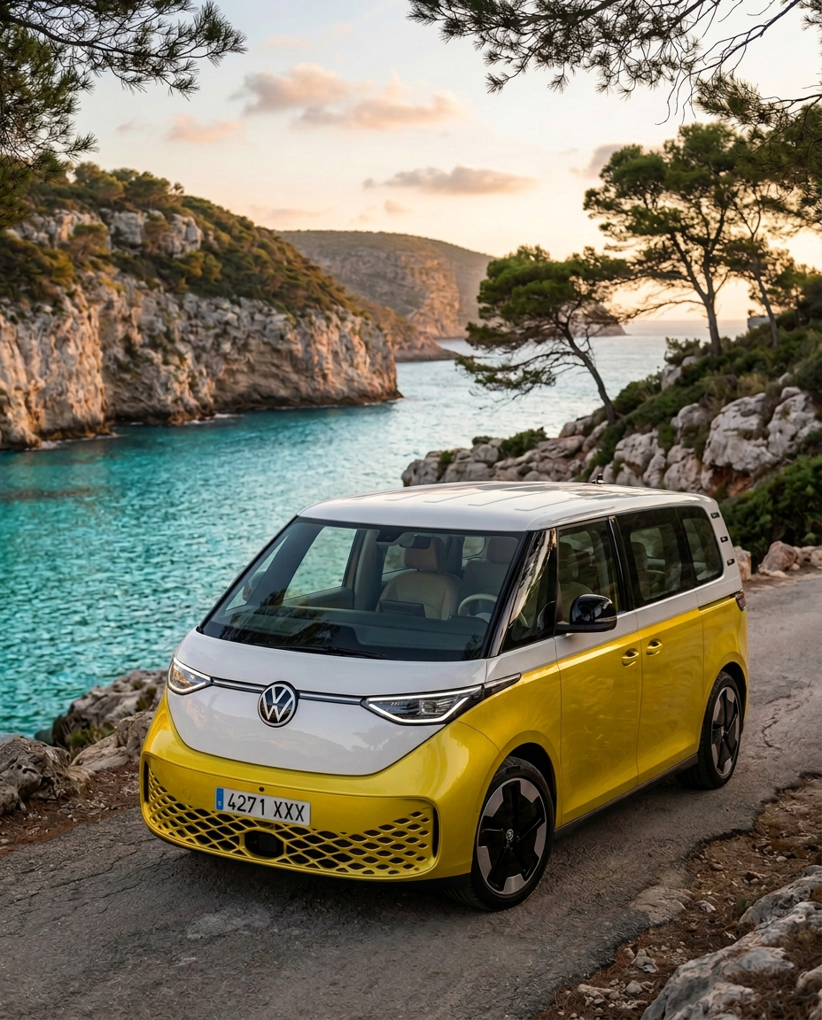 Volkswagen ID Buzz eléctrica aparcada en una cala de Mallorca al atardecer, vista frontal