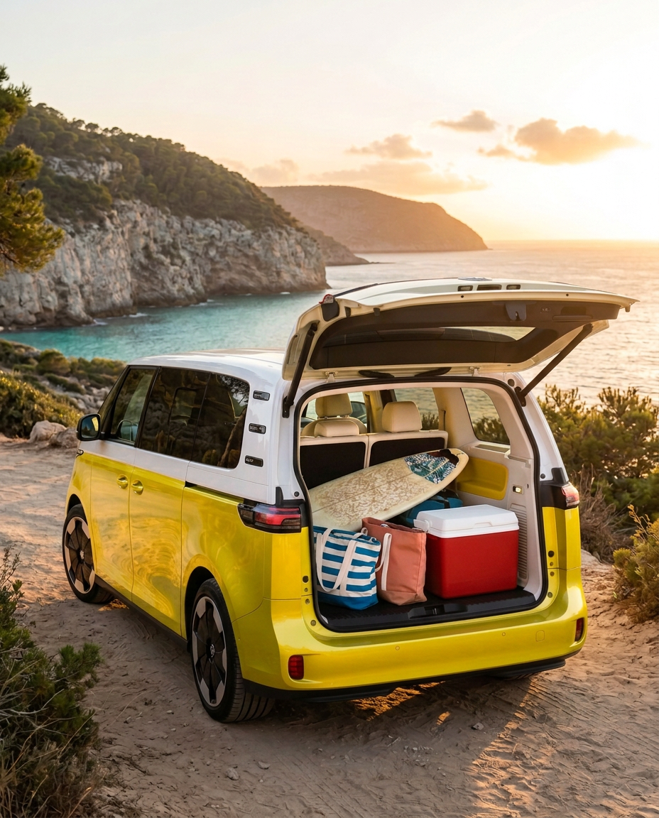 Maletero abierto de la Volkswagen ID Buzz con espacio de equipaje para toda la familia