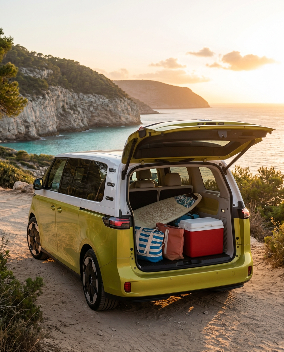 Maletero abierto de la Volkswagen ID Buzz con espacio de equipaje para toda la familia