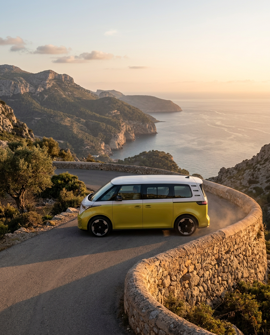 Volkswagen ID Buzz de perfil circulando por una carretera de montaña en la Serra de Tramuntana