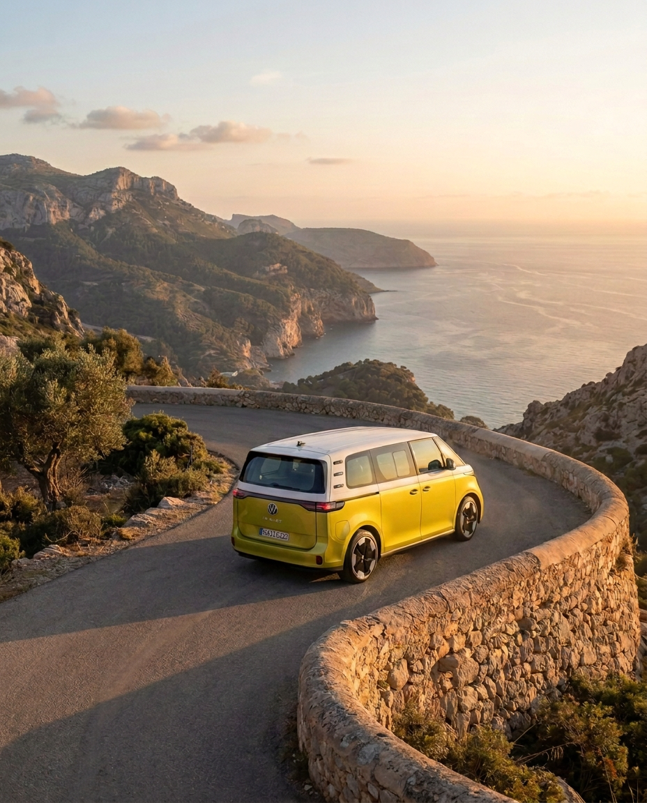 Volkswagen ID Buzz de perfil circulando por una carretera de montaña en la Serra de Tramuntana