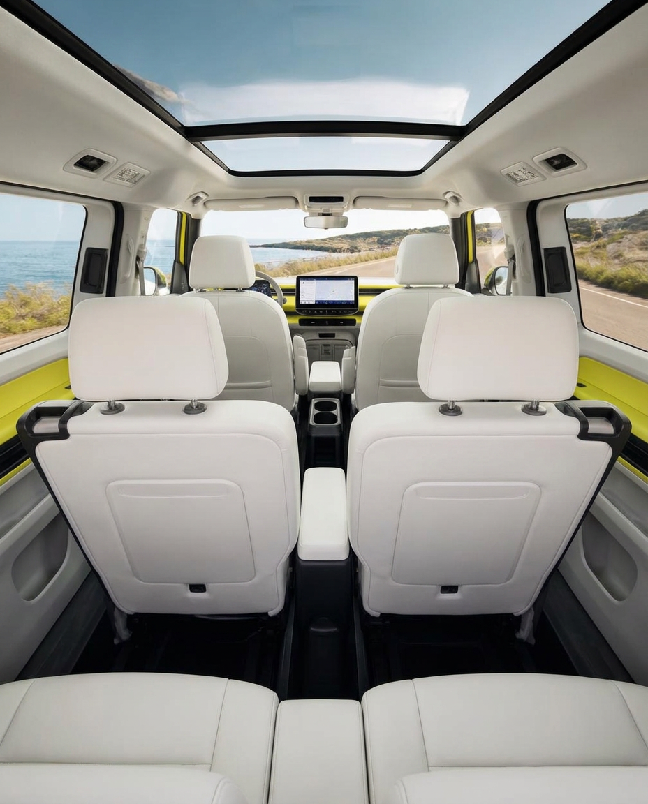 Interior de la furgoneta eléctrica Volkswagen ID Buzz con siete plazas para grupos en Mallorca