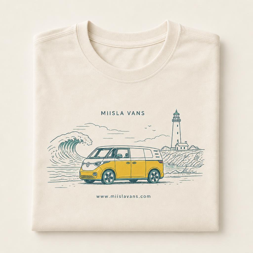 Camiseta crema de Miisla Vans con ilustración monoline de la costa y la furgoneta eléctrica amarilla