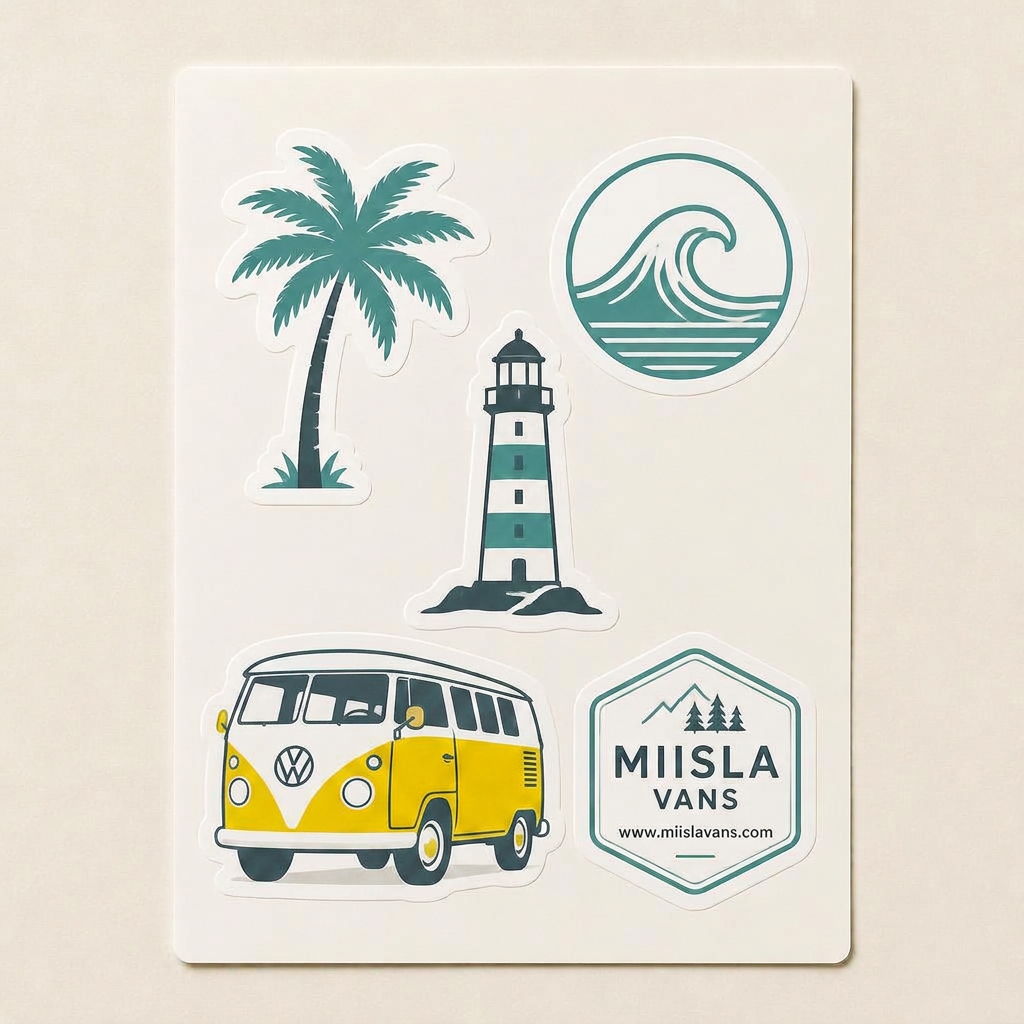 Lámina de cinco pegatinas de Miisla Vans: palmera, ola, faro, furgoneta y escudo