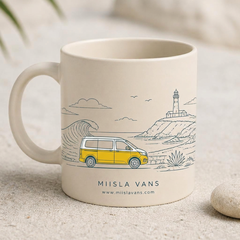 Taza crema de Miisla Vans con ilustración monoline de la costa de Mallorca