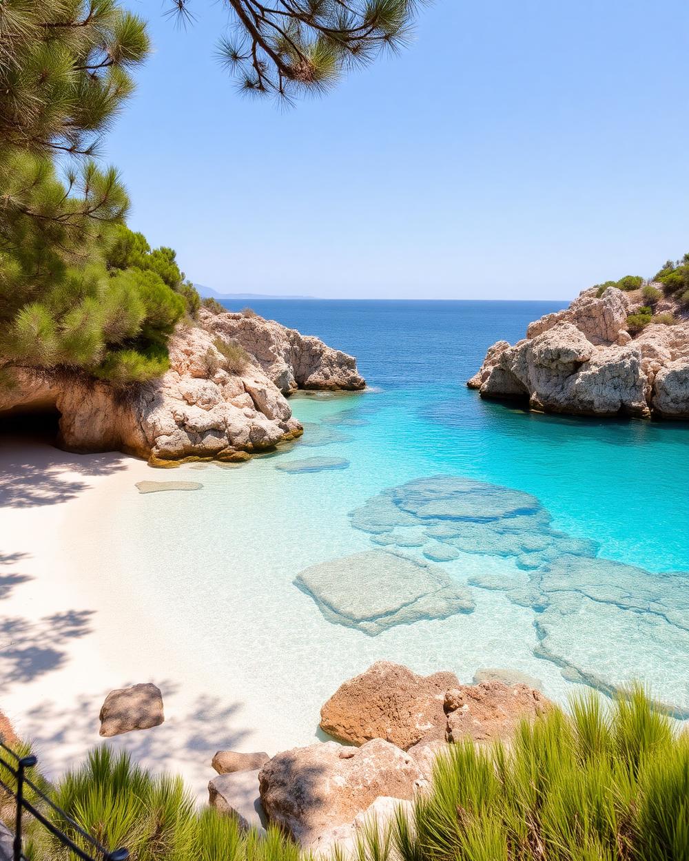 Cala de aguas turquesa en el sureste de Mallorca rodeada de pinos