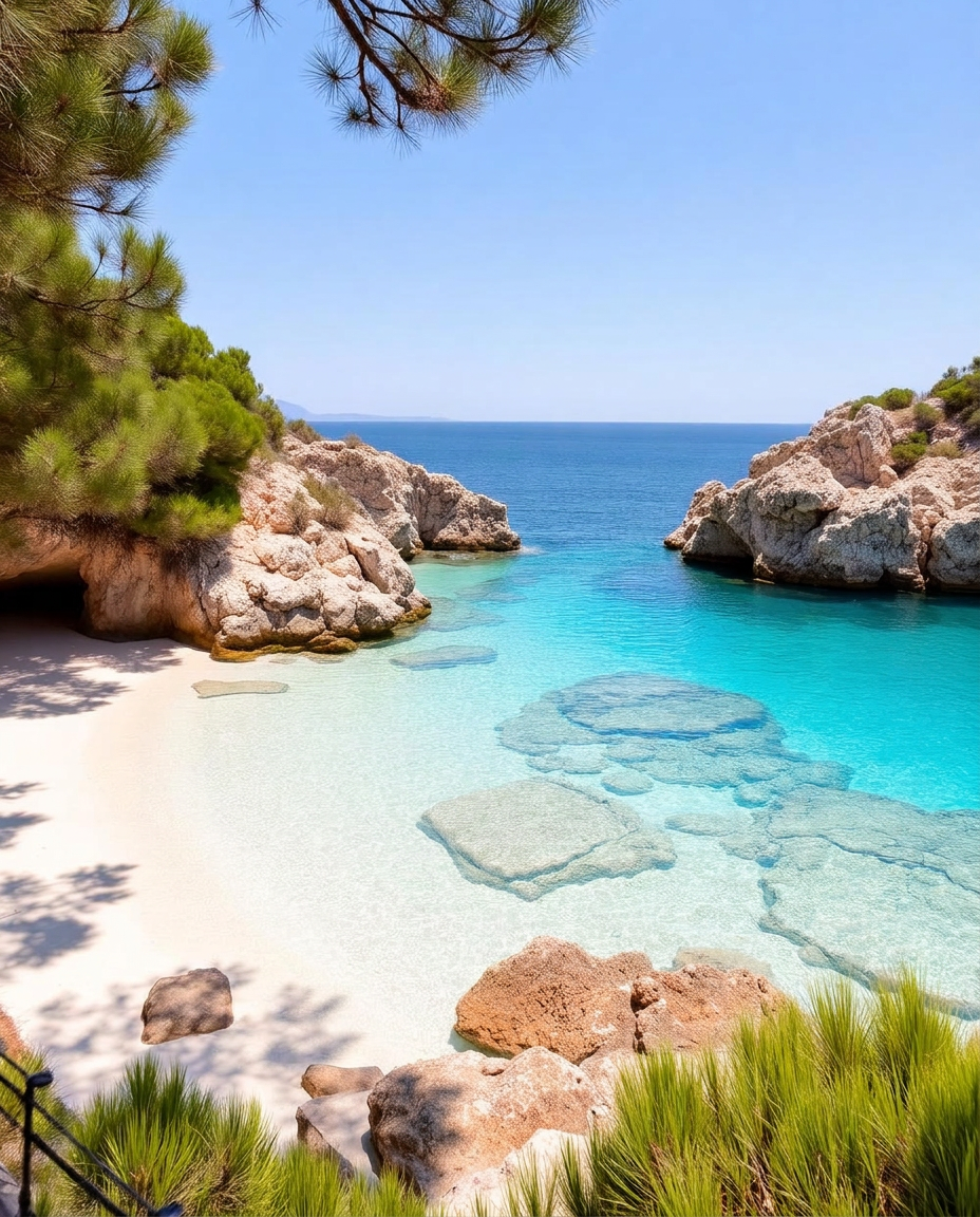 Cala de aguas turquesa en el sureste de Mallorca rodeada de pinos