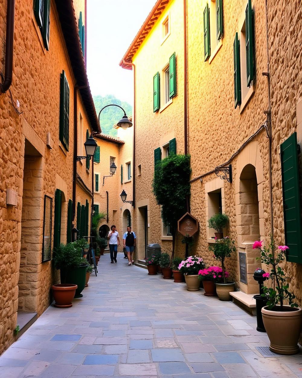 Calle empedrada de un pueblo de piedra de la Serra de Tramuntana