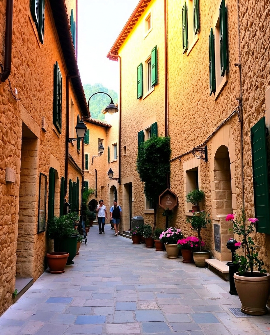 Calle empedrada de un pueblo de piedra de la Serra de Tramuntana