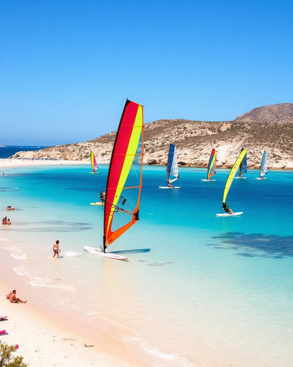 Playa del norte de Mallorca con viento y tablas de surf sobre la arena